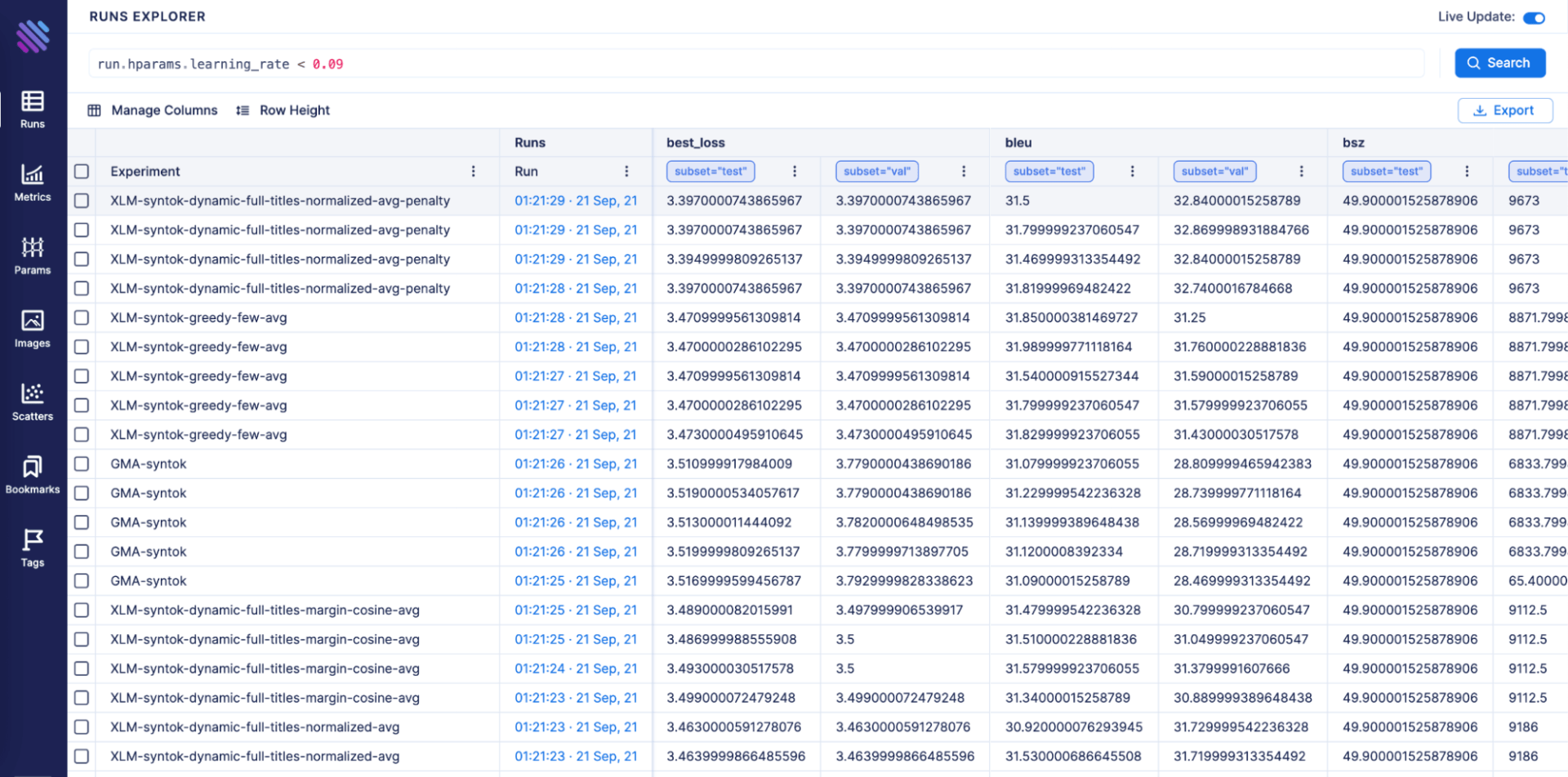 Aim UI showing possibility to explore and query past runs