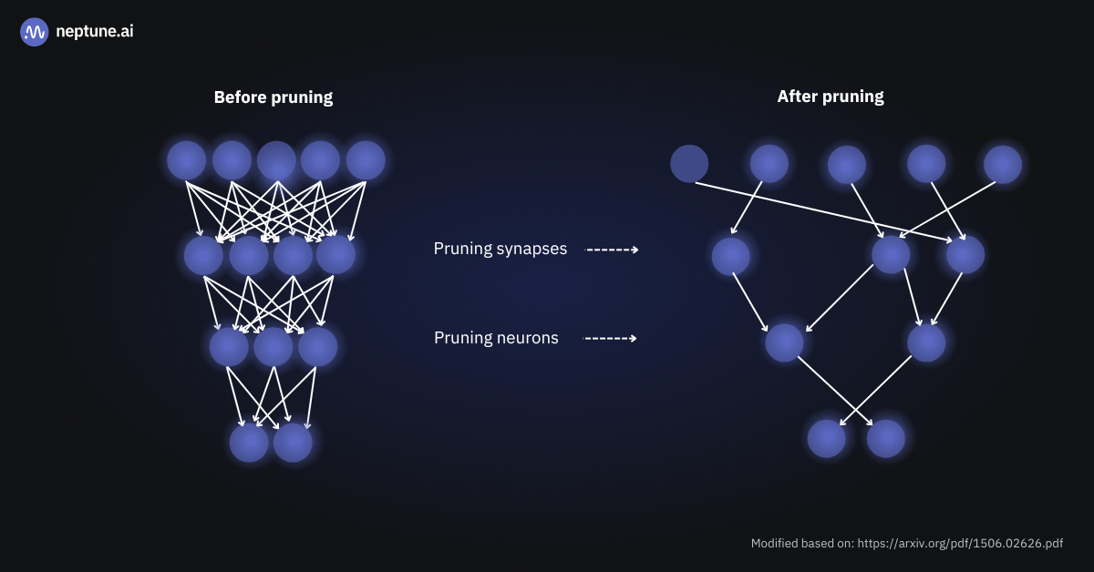 A neural network’s structure before and after pruning