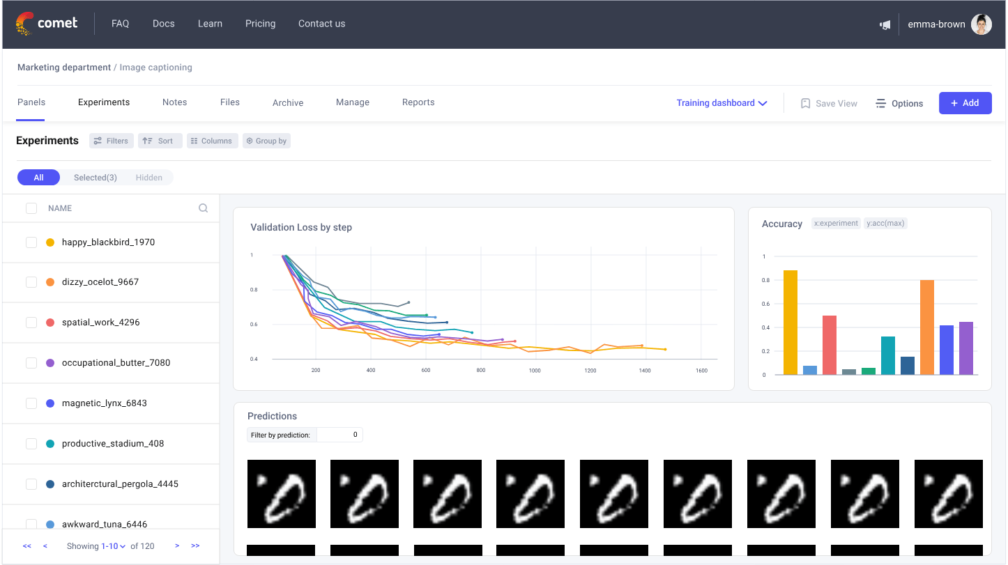 Screenshot of Comet ML’s user interface. The cleanly organized design allows users to display various visualizations, including plots, charts, and images. 