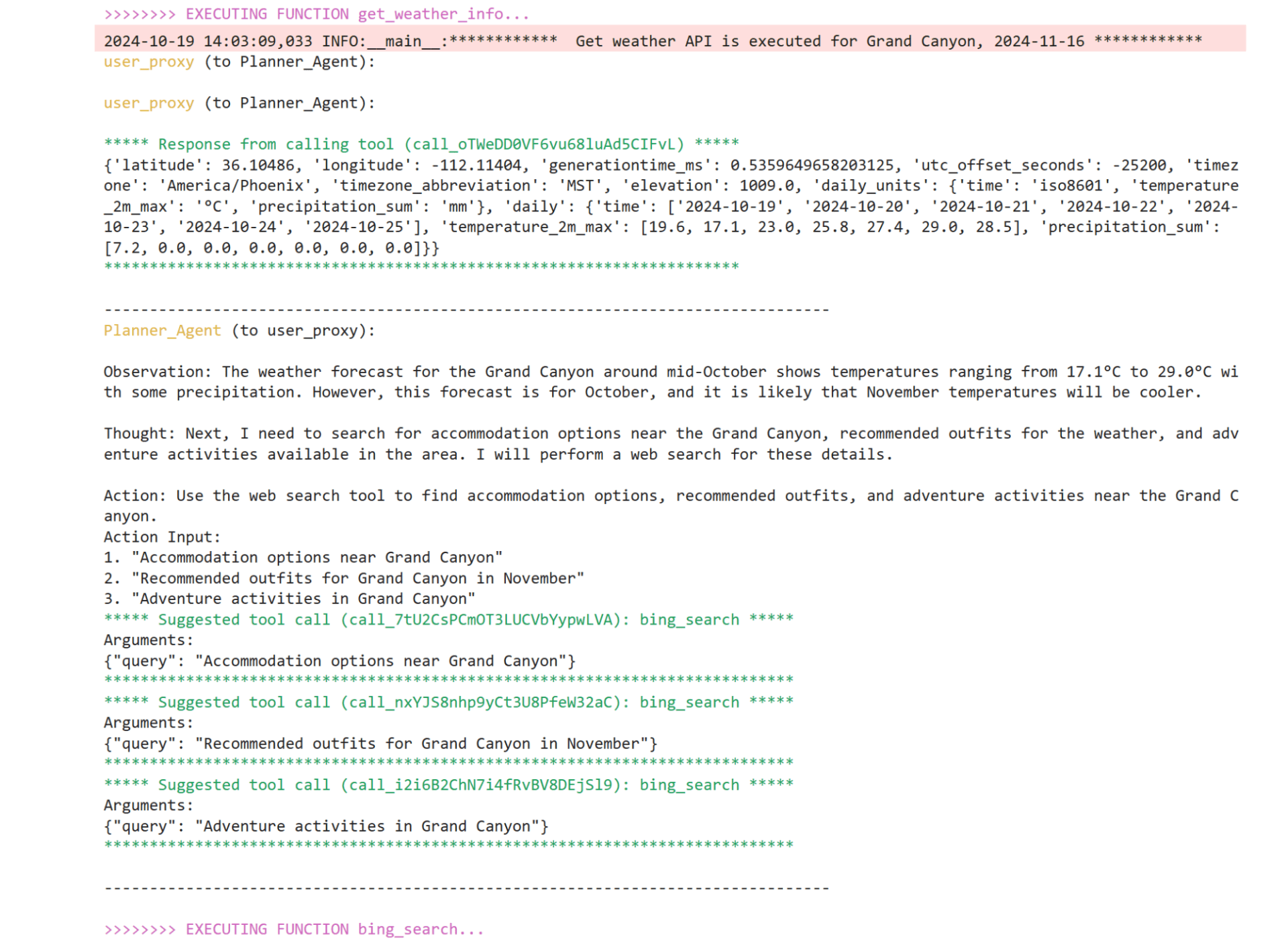 Execution log and output of the get_weather_info function call for the trip, including the API execution timestamp, geographic coordinates, timezone information, and elevation. 