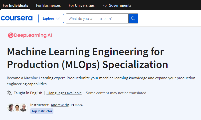 Machine Learning Engineering for Production (MLOps) Specialization Course