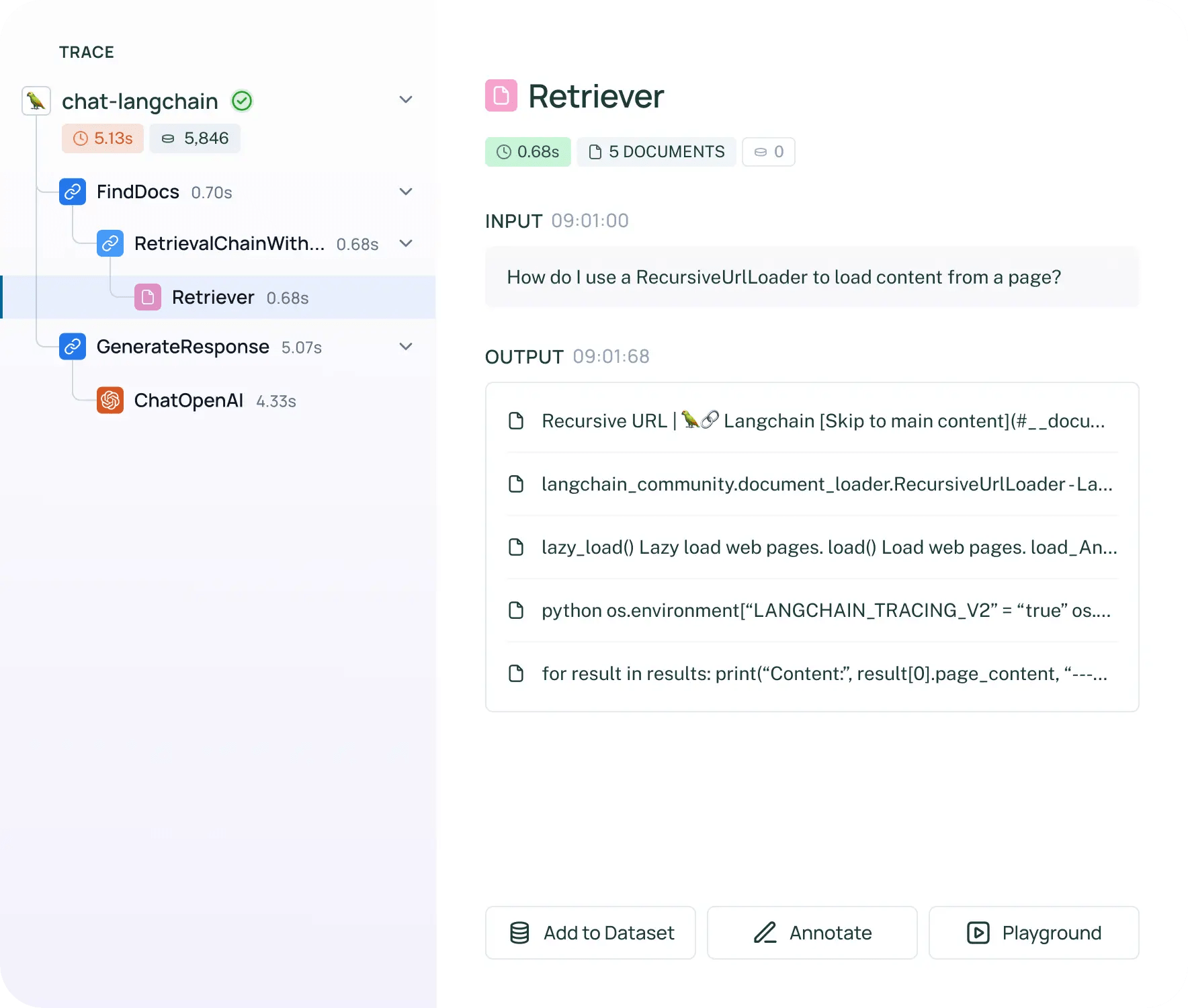 Example of a trace of a chat application request in LangSmith. The trace shows that document retrieval and response generation were completed in 5.13 seconds using 5,846 tokens. Steps include retrieving relevant context and calling OpenAI. The user inquired about using a RecursiveURLLoader, and the AI provided detailed instructions. Options to add the interaction to a dataset, annotate, or use the playground are available. 