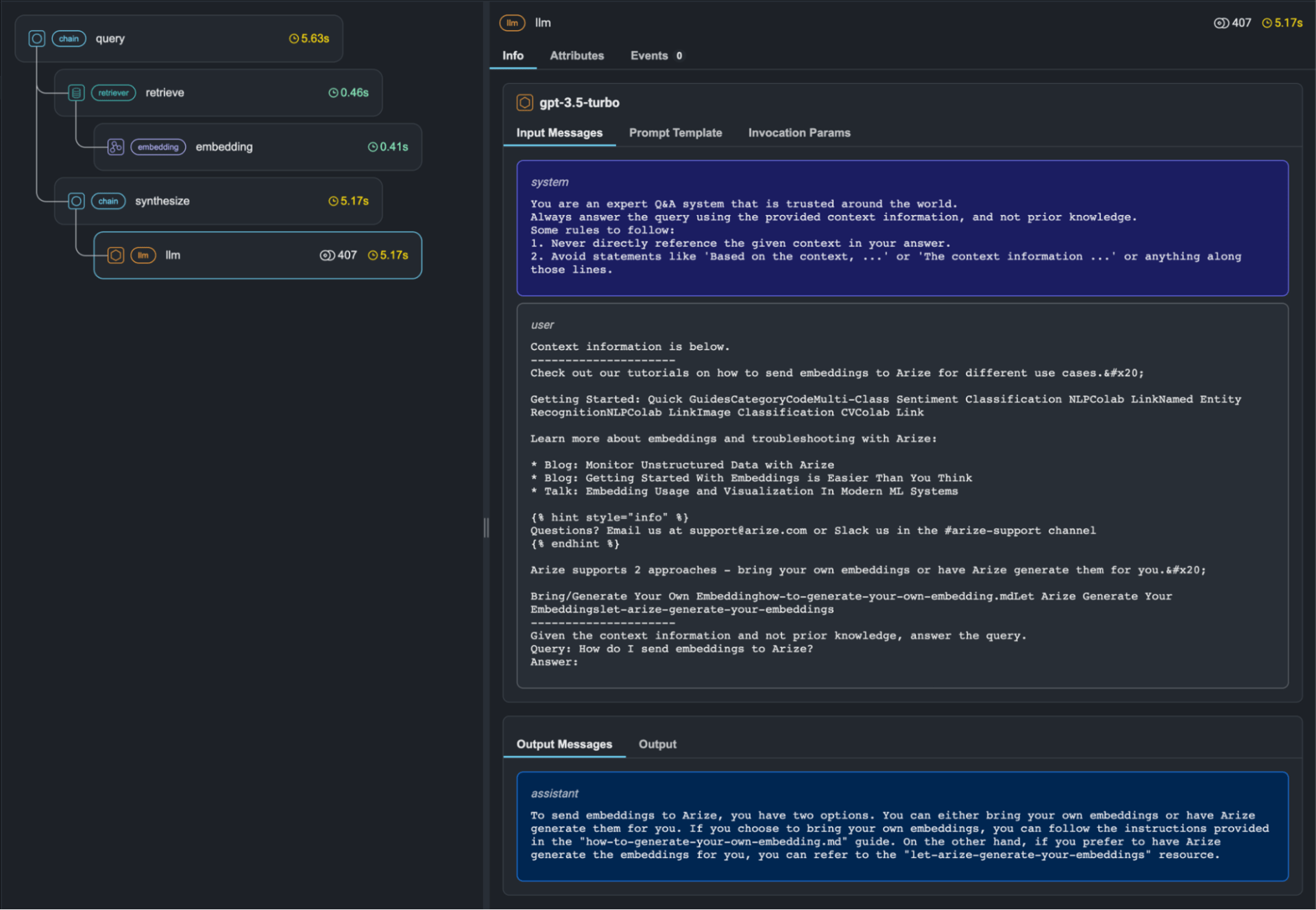 Visualization of a trace of an RAG application. The left-hand panel shows the spans and their nesting. In the central panel on the right, the user can inspect detailed information about the selected span, such as input and output messages, as well as the utilized prompt template and invocation parameters.