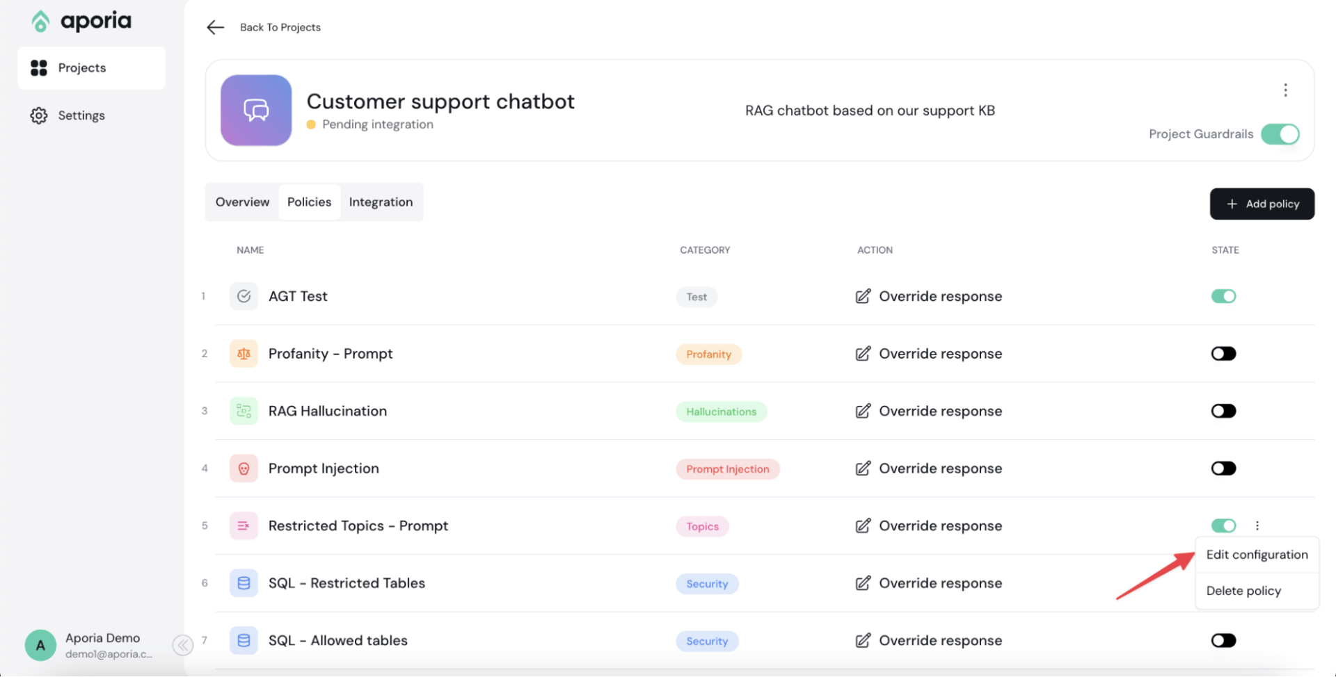 Aporia can detect problems such as hallucinations, prompt injection, or inappropriate output and enforce corresponding “guardrails” for LLM applications. 