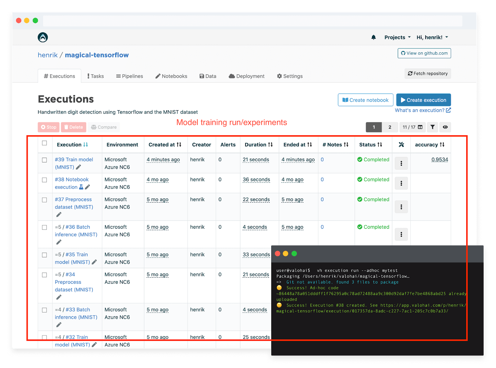 UI of one of the MLflow alternatives: Valohai