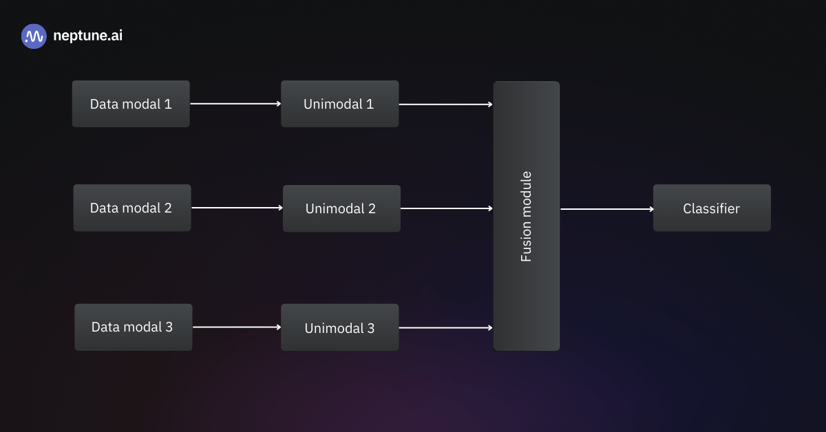 Basic structure of a multimodal LLM. Different modalities are processed by separate input modules. Then, the extracted information is joined in the fusion module. The output module (in this case, a classifier) generates the output in the desired modality.