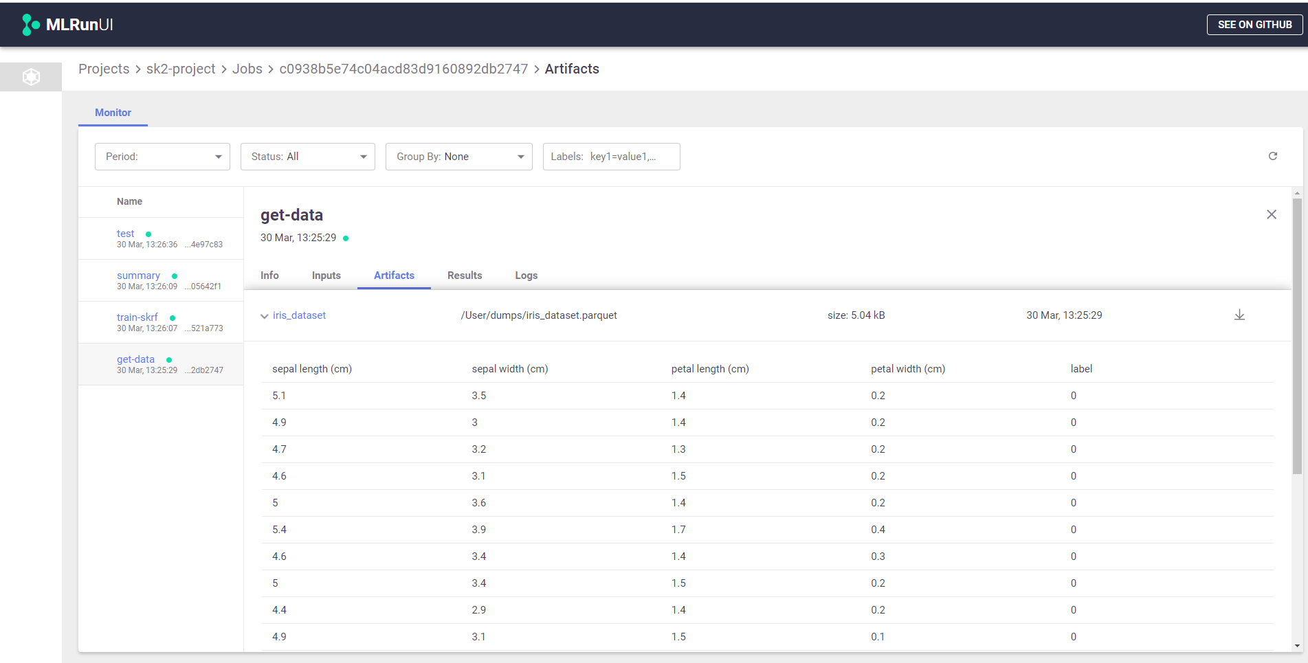 UI sample of MLRun, development and deployment open source ML tool