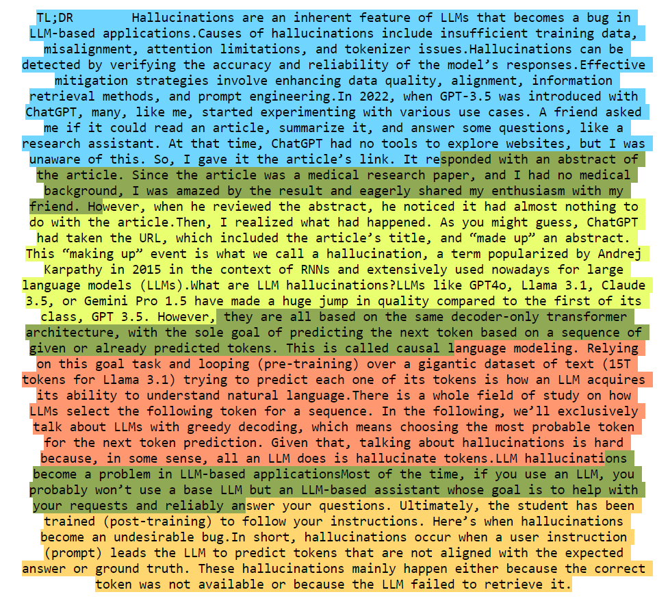 Visualization of the chunks created from the article LLM Hallucinations 101. The text is split into four chunks highlighted in blue, lime green, dark orange, and dark yellow. The overlaps between chunks are marked in olive green.