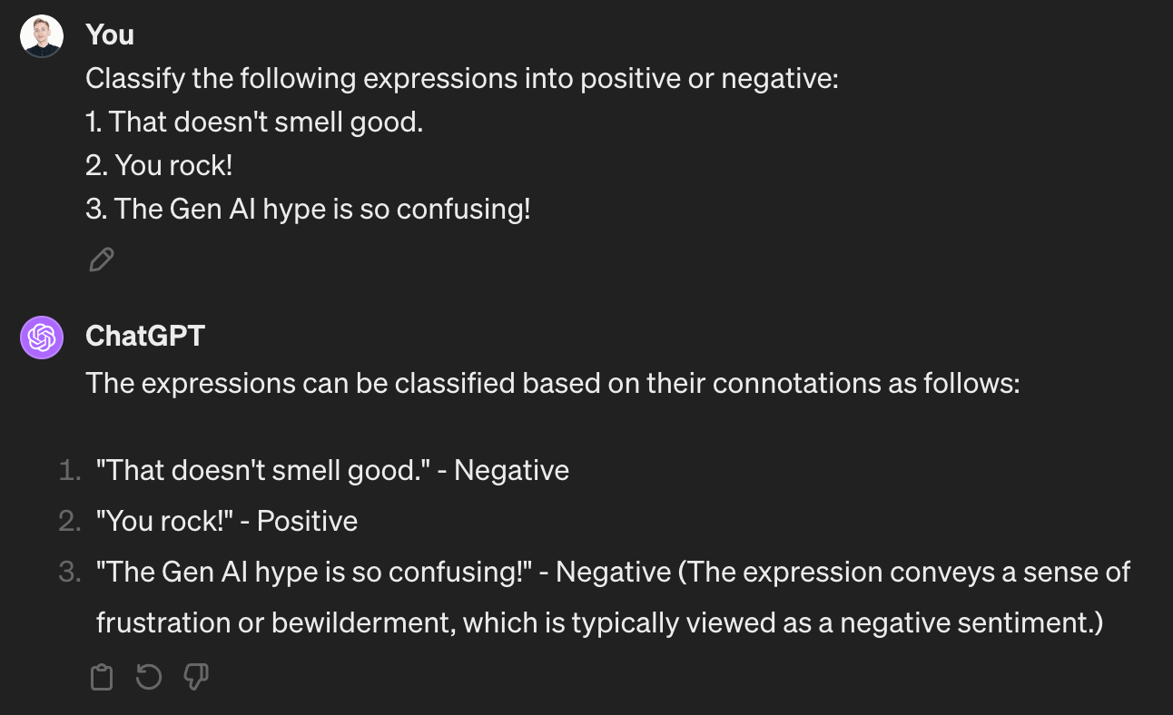 Screenshot of the ChatGPT interface. Usage of a zero-shot prompting-based strategy for sentiment analysis.