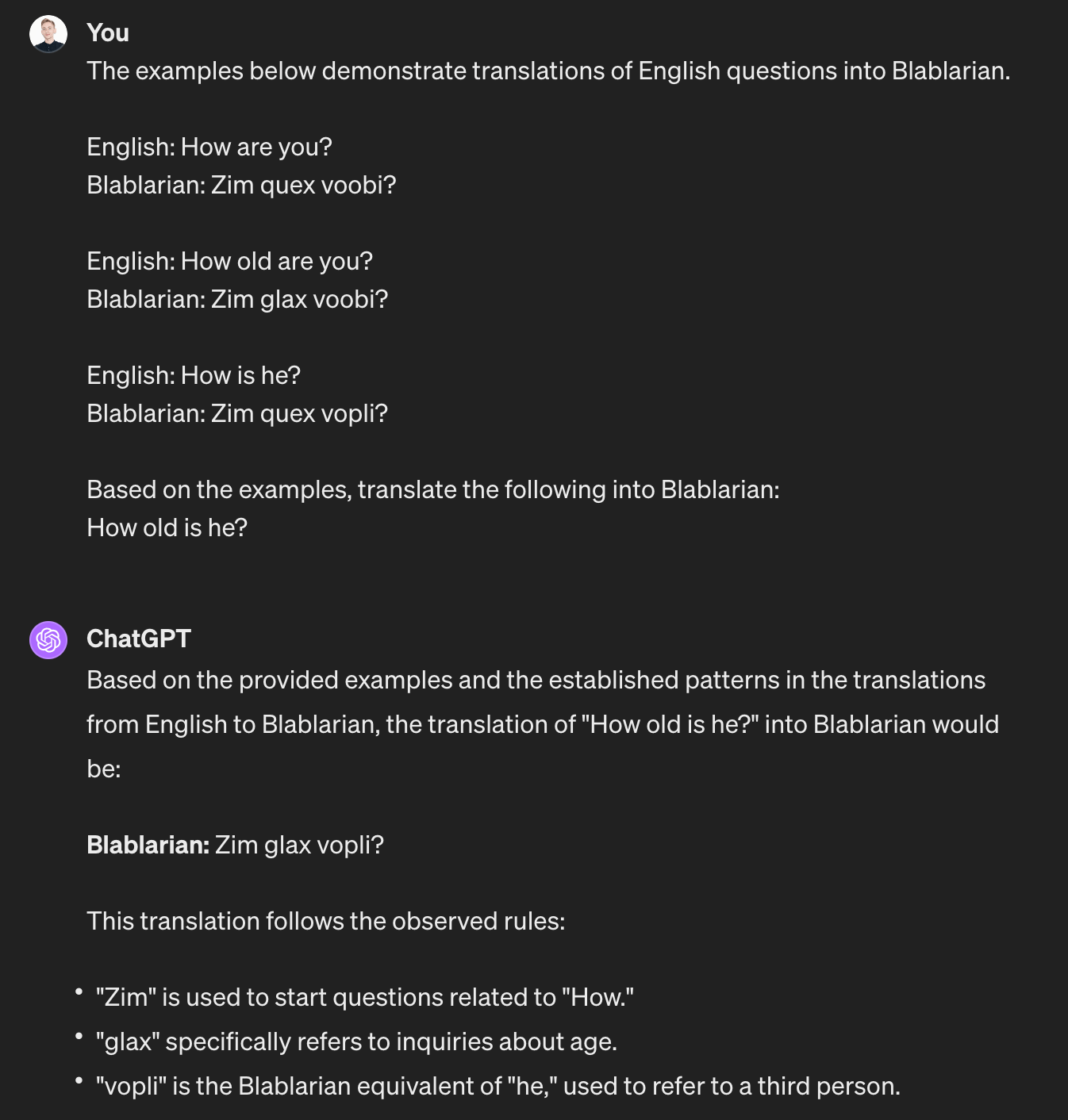 Screenshot of the ChatGPT interface. Usege of a few-shot prompting to teach an LLM the basic grammar of a new (imaginary) language. 