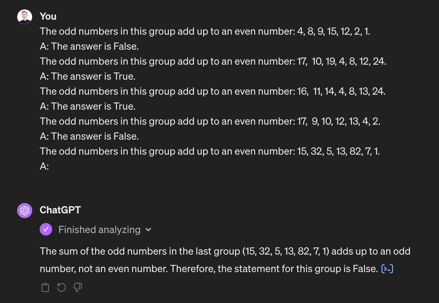 Screenshot of the ChatGPT interface. Chat GPT producing a snippet of Python code that should answer the question. (The code is visible after clicking “Finished analyzing.”)